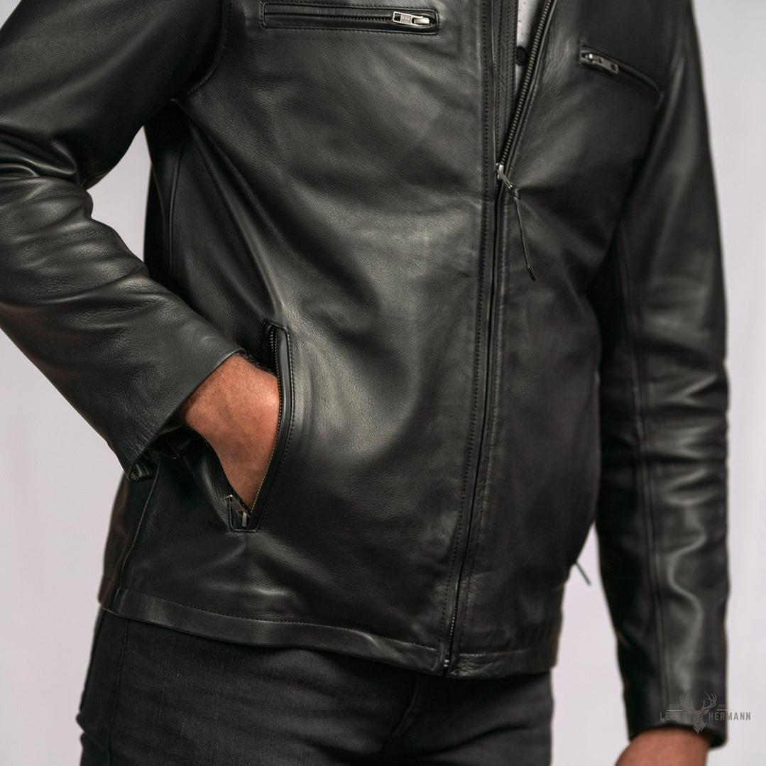 Thompson Herren Leder Motorradjacke im klassischen Schwarz für stilvolle und selbstbewusste Männer