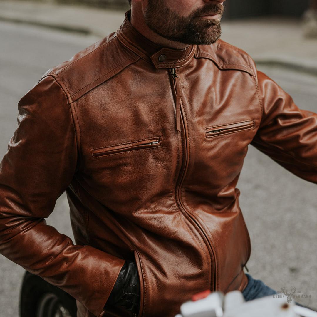 Thompson Leder-Motorradjacke in Whiskeybraun – Stilvoller Schutz für Abenteuerliebhaber